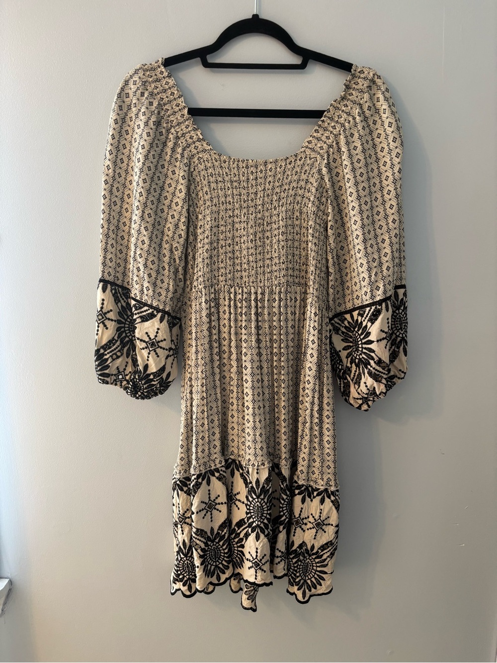 Smocked Cream Dress with Black Floral Embroidery and balloon sleeves